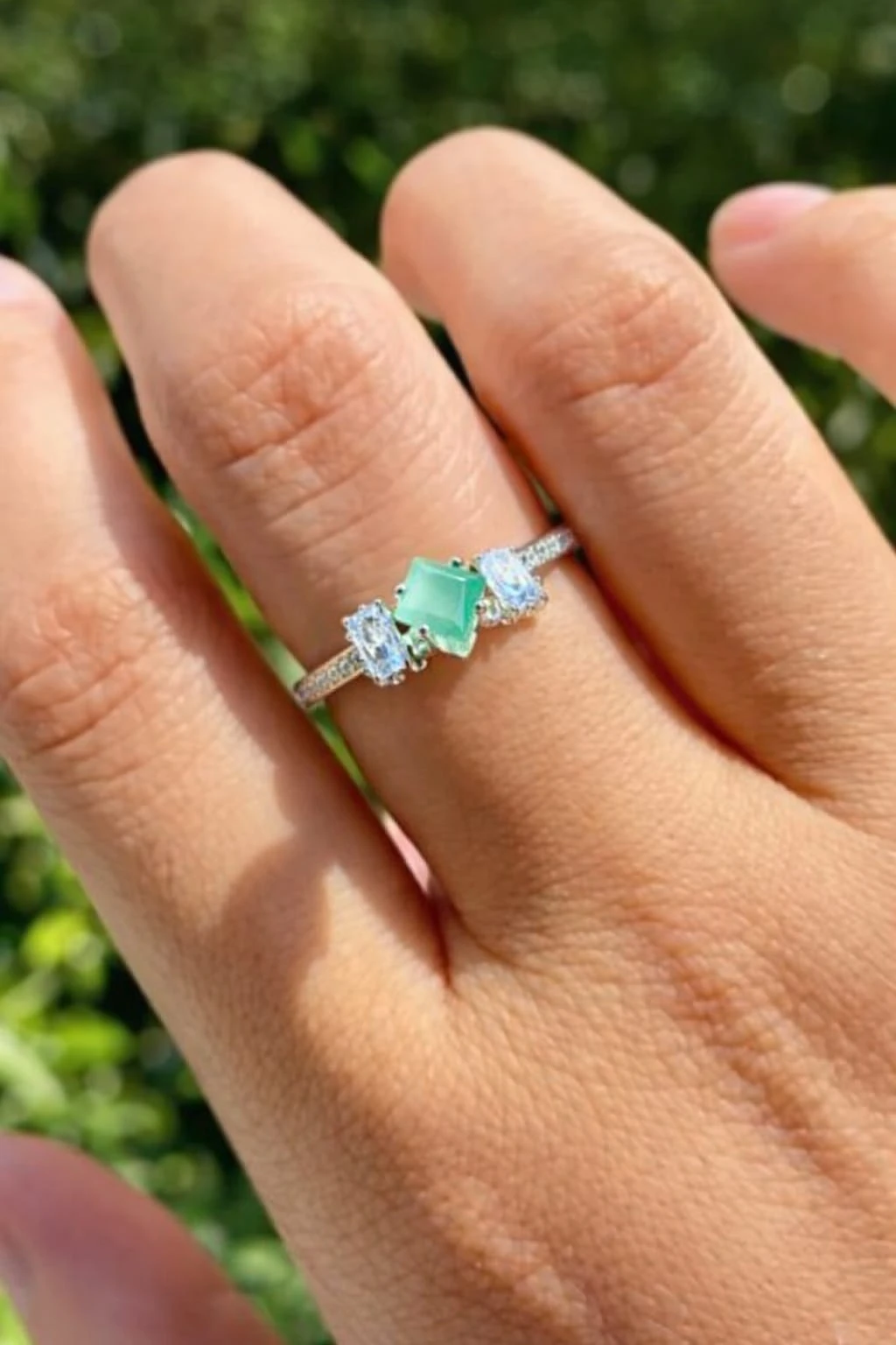 Women's Adjustable Green CZ & AD Stone Ring | Silver Plated Finger Ring Women